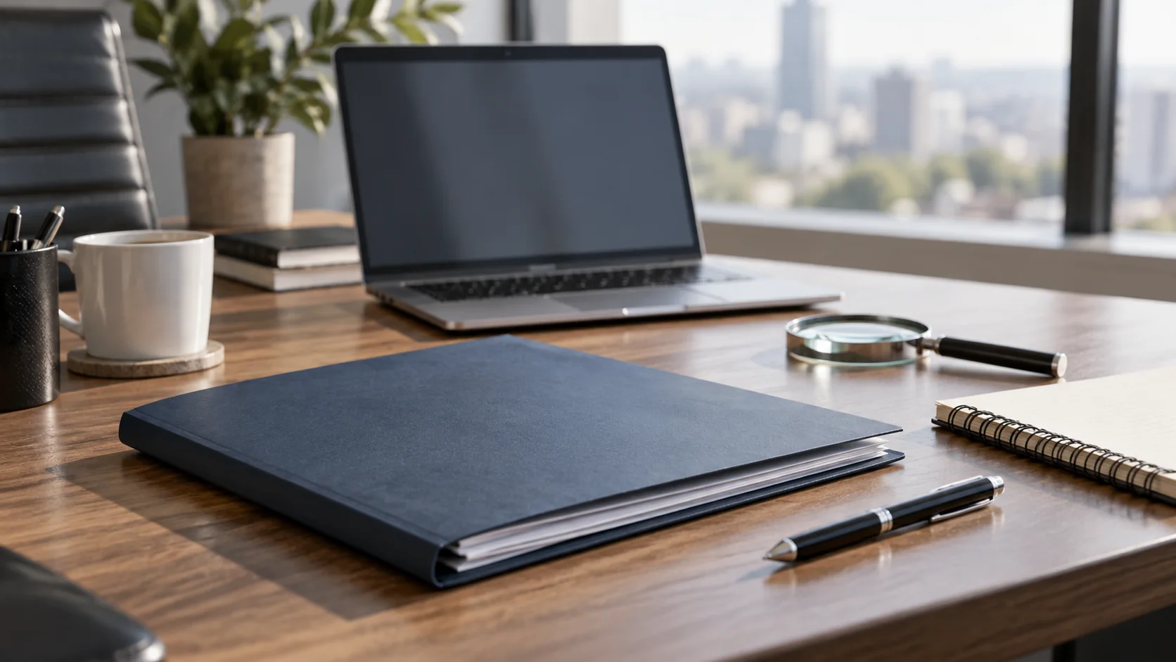 Zamknięty granatowy folder, laptop i lupa na biurku podczas przygotowania weryfikacji kandydata.